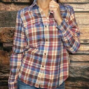 Chaps Flannel Top with Embroidery Detail on Shoulders